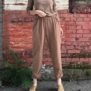 Black Crane double gauze pull on camel pants in cotton linen Lagenlook boho XS